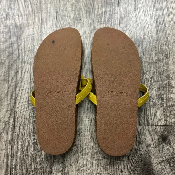 Tory Burch Miller Cloud Leather Sandals Cork Thong Lemon Lime Yellow Sz 10 - Picture 4 of 9
